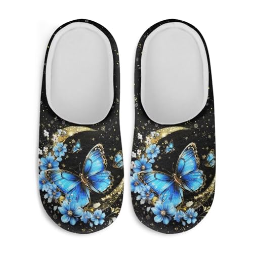 Jndtueit Damen Pelzpantoffeln Slip-on Hausschuhe Komfort Home Slipper für Winter, Blauer Schmetterling, Blumenmond, XX-Large von Jndtueit