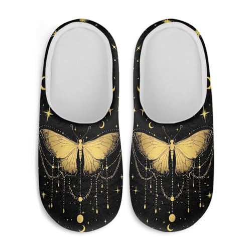 Jndtueit Damen Pelzpantoffeln Slip-on Hausschuhe Komfort Home Slipper für Winter, Gelber Schmetterling, Schwarz, Small von Jndtueit