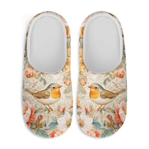 Jndtueit Damen Pelzpantoffeln Slip-on Hausschuhe Komfort Home Slipper für Winter, Kleiner Vogel, Vintage-Blume, Small von Jndtueit