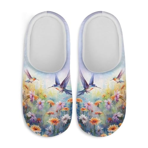 Jndtueit Damen Pelzpantoffeln Slip-on Hausschuhe Komfort Home Slipper für Winter, Kolibri, Gänseblümchen, Blau, Medium von Jndtueit