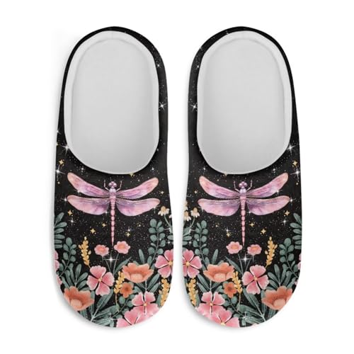 Jndtueit Damen Pelzpantoffeln Slip-on Hausschuhe Komfort Home Slipper für Winter, Libellenblume, schwarz, XX-Large von Jndtueit