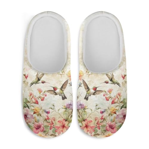 Jndtueit Damen Pelzpantoffeln Slip-on Hausschuhe Komfort Home Slipper für Winter, Retro Kolibri Blume grün, XX-Large von Jndtueit