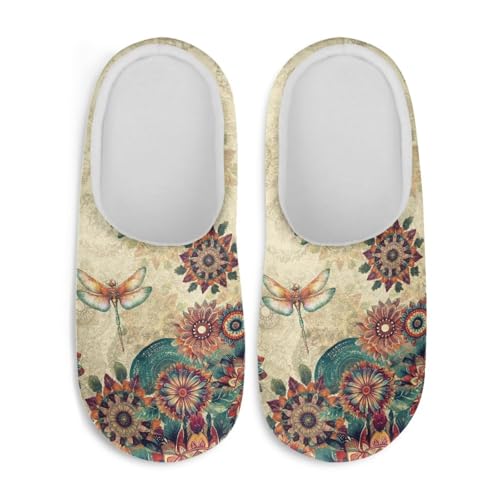 Jndtueit Damen Pelzpantoffeln Slip-on Hausschuhe Komfort Home Slipper für Winter, Retro Libelle Bohemian Floral, Large von Jndtueit