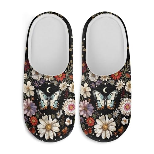 Jndtueit Damen Pelzpantoffeln Slip-on Hausschuhe Komfort Home Slipper für Winter, Retro Schmetterling Floral Schwarz, X-Large von Jndtueit