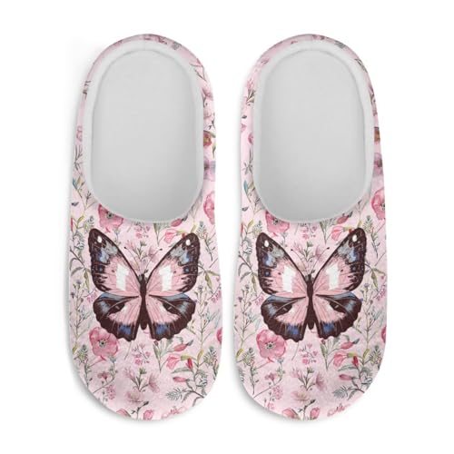Jndtueit Damen Pelzpantoffeln Slip-on Hausschuhe Komfort Home Slipper für Winter, Rosa Schmetterling Blumen, X-Large von Jndtueit