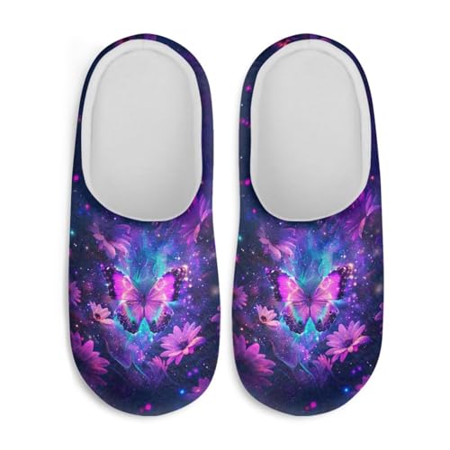 Jndtueit Damen Pelzpantoffeln Slip-on Hausschuhe Komfort Home Slipper für Winter, Violette Schmetterlingsblume, X-Small von Jndtueit