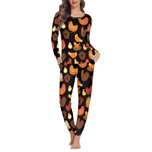 Jndtueit Damen Pyjama Set mit Tasche Langarm Nachtwäsche Plus Size, Cartoon Henne 2, 48 von Jndtueit