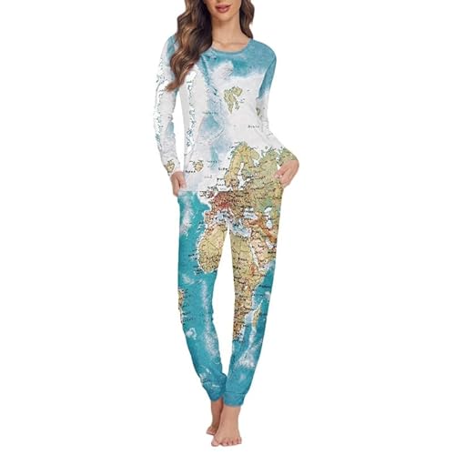 Jndtueit Damen Pyjama Set mit Tasche Langarm Nachtwäsche Plus Size, Weltkarte:, 50 von Jndtueit