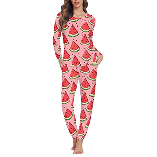 Jndtueit Damen Pyjama Set mit Tasche Langarm Nachtwäsche Übergröße, Niedliche Wassermelonenstücke, 36 von Jndtueit