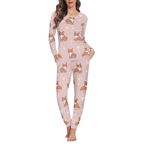 Jndtueit Damen Pyjama Set mit Tasche Langarm Nachtwäsche Übergröße, Süße Corgi, 46 von Jndtueit