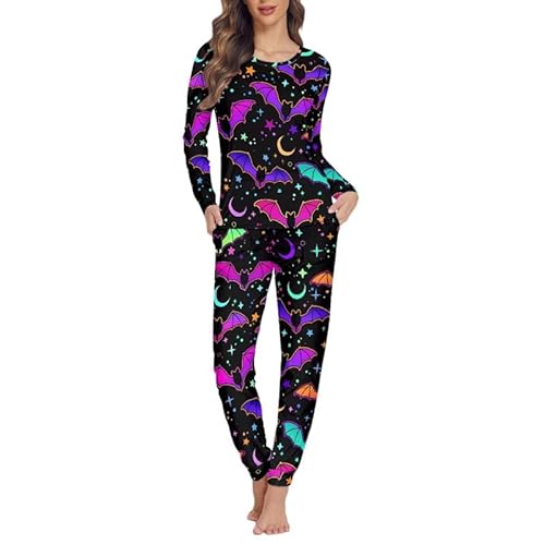 Jndtueit Damen Pyjama Set mit Tasche Nachtwäsche Top und Hose Größe XS-6XL, Bunte Fledermaus., 42 von Jndtueit