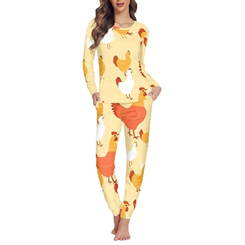 Jndtueit Damen Schlafanzug-Set für Nachtwäsche oder Loungewear, 2-teilig, Größe XS-6XL, Mit niedlichem Huhn-Aufdruck, 38 von Jndtueit