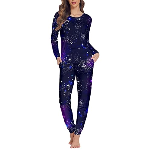 Jndtueit Damen Schlafanzug-Set mit Tasche Nachtwäsche Oberteil und Hose Größe XS-6XL, Galaxy Stars, 32 von Jndtueit