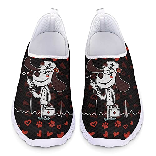 Jndtueit Damen Slip on Trainer Wanderschuhe Cartoon Krankenpflege Welpen Hundemuster Bequeme Laufschuhe Krankenschwester Turnschuhe,Rotes Herz und Hundepfote von Jndtueit