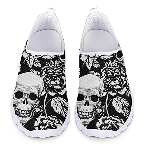 Jndtueit Damen Sportliche Wanderschuhe Cool Skeleton Skull Blumenmuster Leichte Mesh Laufschuhe Slip-on Tennis von Jndtueit