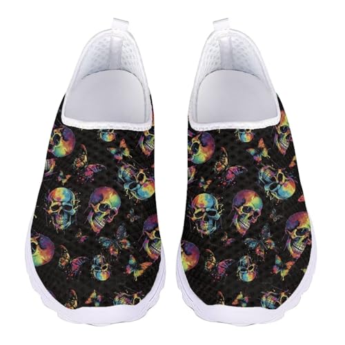 Jndtueit Damen-Sportschuhe, Totenkopf-Aufdruck, Netzstoff, Sportschuhe, Sneaker, Aquarell Totenkopf Schmetterling Schwarz, 42 EU von Jndtueit
