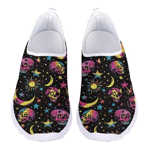 Jndtueit Damen-Sportschuhe, Totenkopf-Aufdruck, Netzstoff, Sportschuhe, Sneaker, Bunter Totenkopf Mond Stern Schwarz, 37 EU von Jndtueit