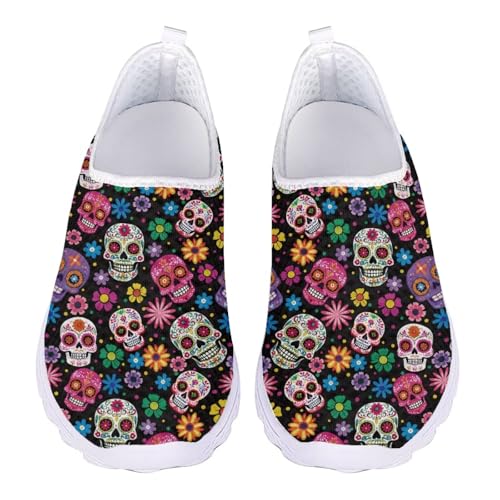 Jndtueit Damen-Sportschuhe, Totenkopf-Aufdruck, Netzstoff, Sportschuhe, Sneaker, Sugar Skull Hippy Flower, 43 EU von Jndtueit