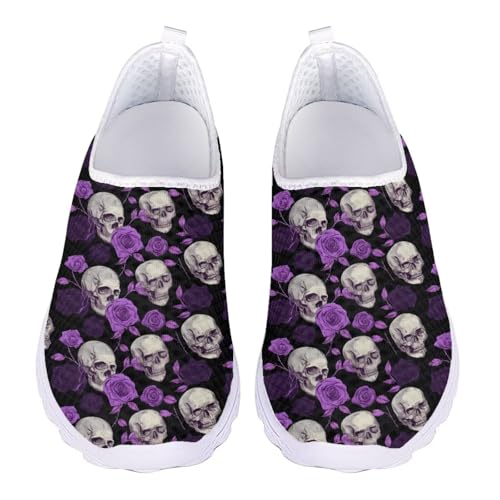 Jndtueit Damen Totenkopf-Lauf-Sneaker, Walking-Loafer, flache Netzschuhe für Damen, Funny Skull Purple Rose, 42 EU Jndtueit Damen Totenkopf-Lauf-Sneaker, Walking-Loafer, flache Netzschuhe für Damen, Funny Skull Purple Rose, 42 EU von Jndtueit