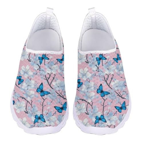 Jndtueit Damen-Wanderschuh, bequem, Freizeit, Loafer, flache Schuhe, Outdoor, Netz-Sneaker, Blau Schmetterling Blume Rosa, 41 EU von Jndtueit