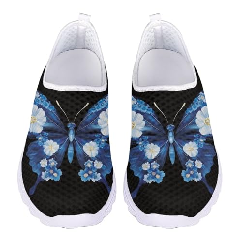 Jndtueit Damen-Wanderschuh, bequem, Freizeit, Loafer, flache Schuhe, Outdoor, Netz-Sneaker, Blauer Schmetterling mit Blumen, 36 EU von Jndtueit