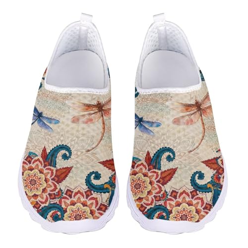 Jndtueit Damen-Wanderschuh, bequem, Freizeit, Loafer, flache Schuhe, Outdoor, Netz-Sneaker, Libelle Bohemian Flower Rot, 44 EU von Jndtueit
