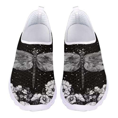 Jndtueit Damen-Wanderschuh, bequem, Freizeit, Loafer, flache Schuhe, Outdoor, Netz-Sneaker, Libelle Floral Schwarz, 36 EU von Jndtueit