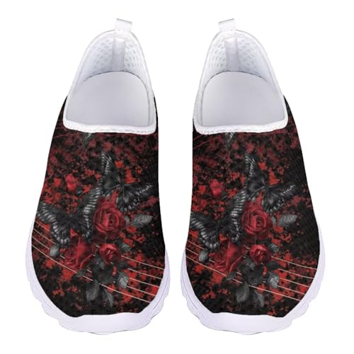 Jndtueit Damen-Wanderschuh, bequem, Freizeit, Loafer, flache Schuhe, Outdoor, Netz-Sneaker, Schwarzer Schmetterling, rote Rose, 39 EU von Jndtueit