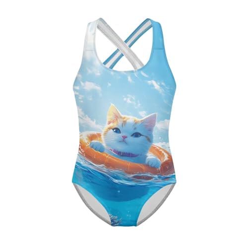 Jndtueit Einteiliger Badeanzug für Mädchen, Bademode, Kinder-Badeanzug, Katzenblau, 9-10 Years von Jndtueit