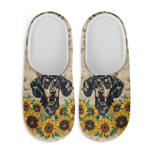 Jndtueit Flauschige Hausschuhe für Damen und Herren, gemütliche Hausschuhe, weiche Sohle, Hausschuhe, Winter, Hausschuhe, Dackel Sonnenblume Schmetterling Braun, X-Large von Jndtueit