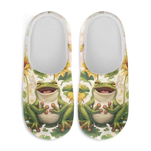 Jndtueit Flauschige Hausschuhe für Damen und Herren, gemütliche Hausschuhe, weiche Sohle, Hausschuhe, Winter, Hausschuhe, Süßer Frosch, Sonnenblume, grün, XX-Large von Jndtueit