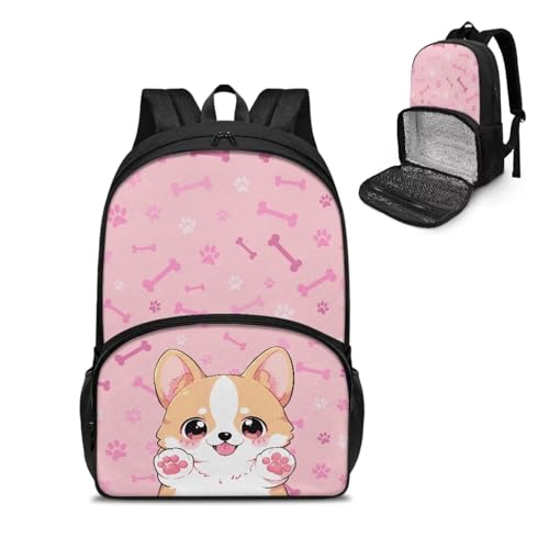 Jndtueit Fußball-2-in-1-Kinder-Rucksack, isoliertes Lunchfach für Jungen, Schultasche und Lunchtasche, leicht, Cartoon Corgi, L von Jndtueit