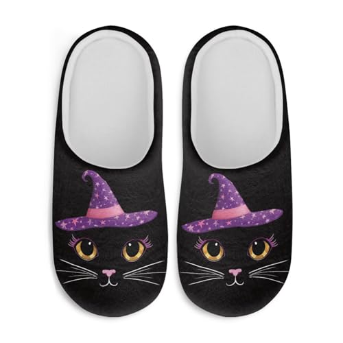Jndtueit Fuzzy Home Hausschuhe für den Winter, für drinnen und draußen, Hausschuhe für Damen und Herren, Cartoon-Katze, Hexe, schwarz, XX-Large von Jndtueit