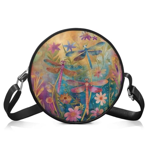 Jndtueit Green Tree Umhängetasche, Leder, kleine Umhängetaschen und Handtaschen, runde Handy-Geldbörse, Schultertasche mit Schultergurt, für Mädchen und Frauen, Retro Libelle Floral von Jndtueit