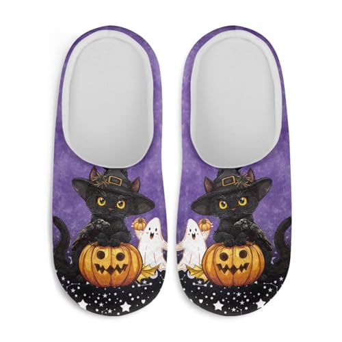 Jndtueit Halloween-Hausschuhe für Damen und Herren, Slipper, Hausschuhe, flach, für den Winter, Black Cat Ghost Pumpkin, Medium von Jndtueit