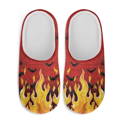 Jndtueit Halloween-Hausschuhe für Damen und Herren, Slipper, Hausschuhe, flach, für den Winter, Feuerfledermaus, rotes Spinnennetz, XX-Large von Jndtueit