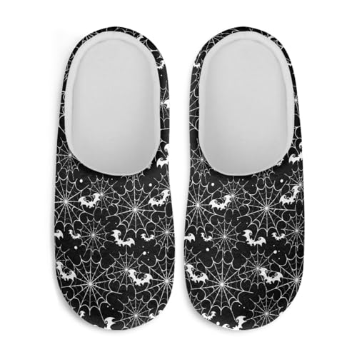 Jndtueit Halloween-Hausschuhe für Damen und Herren, Slipper, Hausschuhe, flach, für den Winter, Fledermaus-Spinnennetz, schwarz, X-Large von Jndtueit