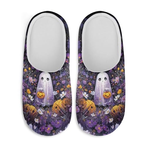 Jndtueit Halloween-Hausschuhe für Damen und Herren, Slipper, Hausschuhe, flach, für den Winter, Ghost Daisy Purple, XX-Large von Jndtueit