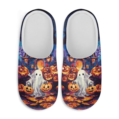 Jndtueit Halloween-Hausschuhe für Damen und Herren, Slipper, Hausschuhe, flach, für den Winter, Ghost Funny Pumpkin Blue, Large von Jndtueit