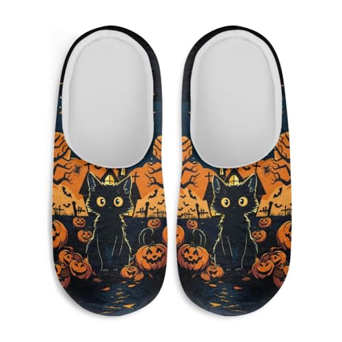 Jndtueit Halloween-Hausschuhe für Damen und Herren, Slipper, Hausschuhe, flach, für den Winter, Katze Kürbis blau, Large von Jndtueit