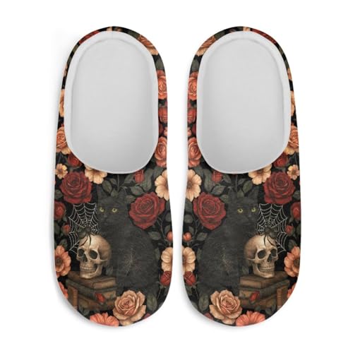 Jndtueit Halloween-Hausschuhe für Damen und Herren, Slipper, Hausschuhe, flach, für den Winter, Katzenschädel Rose Schwarz, Large von Jndtueit