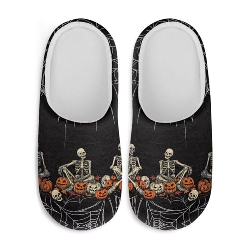 Jndtueit Halloween-Hausschuhe für Damen und Herren, Slipper, Hausschuhe, flach, für den Winter, Skull Pumpkin Black, XX-Large von Jndtueit