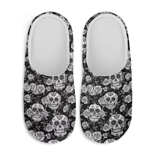 Jndtueit Halloween-Hausschuhe für Damen und Herren, Slipper, Hausschuhe, flach, für den Winter, Sugar Skull Rose Black, XX-Large von Jndtueit