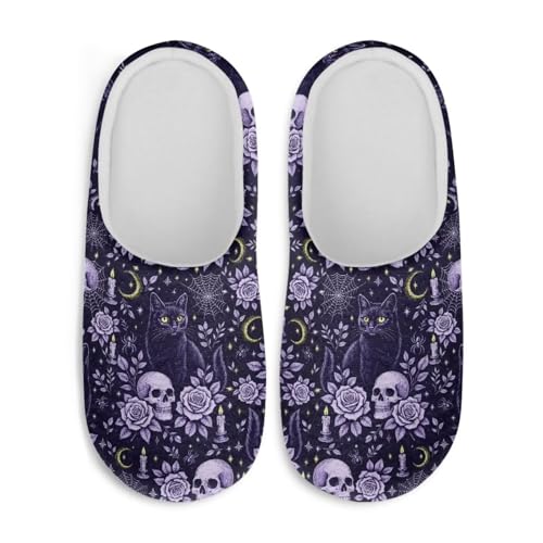 Jndtueit Halloween-Hausschuhe für Damen und Herren, Slipper, Hausschuhe, flach, für den Winter, Totenkopf Katze Lila Rose, X-Small von Jndtueit
