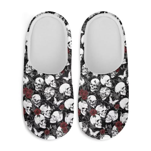 Jndtueit Halloween-Hausschuhe für Damen und Herren, Slipper, Hausschuhe, flach, für den Winter, Totenkopf Schmetterling Rose Schwarz, Large Jndtueit Halloween-Hausschuhe für Damen und Herren, Slipper, Hausschuhe, flach, für den Winter, Totenkopf Schmetterling Rose Schwarz, Large von Jndtueit