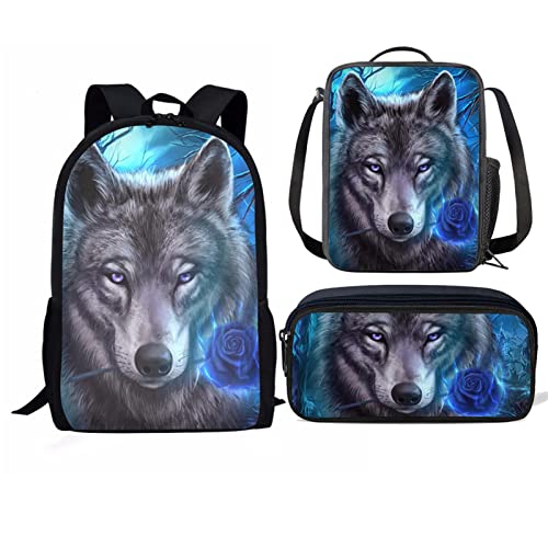 Jndtueit Kinder Schulranzen-Sets inklusive Federmäppchen Mittagessen Tasche und Kinder Rucksack, Galaxy Wolf Blue Rose, Einheitsgröße von Jndtueit