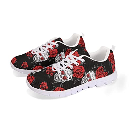 Jndtueit Leichte Laufschuhe für Damen beiläufige Turnschuhe Skeleton Skull Mesh Flats Red Rose Flower Print Walking Tennisschuhe von Jndtueit