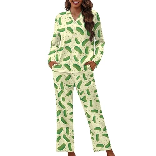 Jndtueit Pilz Damen Pyjama Sets Langarm mit Hose Schlaf und Lounge Plus Size Umlegekragen Nachtwäsche, Cartoon-Gurken, 38 von Jndtueit