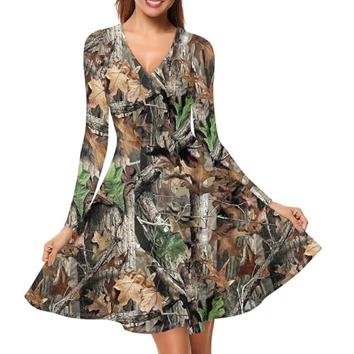 Jndtueit Pink Ribbon Frauen Sommer Strandkleid, Hide Belly Blouson Knielanges Kleid, Frühling Herbst Flowy Swing Midi Kleid, Jagd Camo, X-Large von Jndtueit