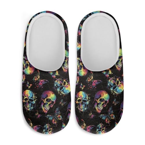 Jndtueit Plüsch-Hausschuhe, Gothic-Totenkopf-Design, flauschige Hausschuhe, Schlafzimmer, Hausschuhe für Damen und Herren, Aquarell Totenkopf Schmetterling Schwarz, X-Small von Jndtueit